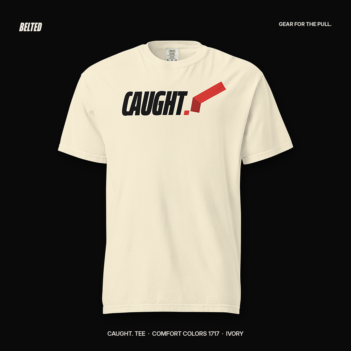 Caught Flag Tee in ivory, front view on black: CAUGHT. in black italic caps, red period, red flag folding up off it.