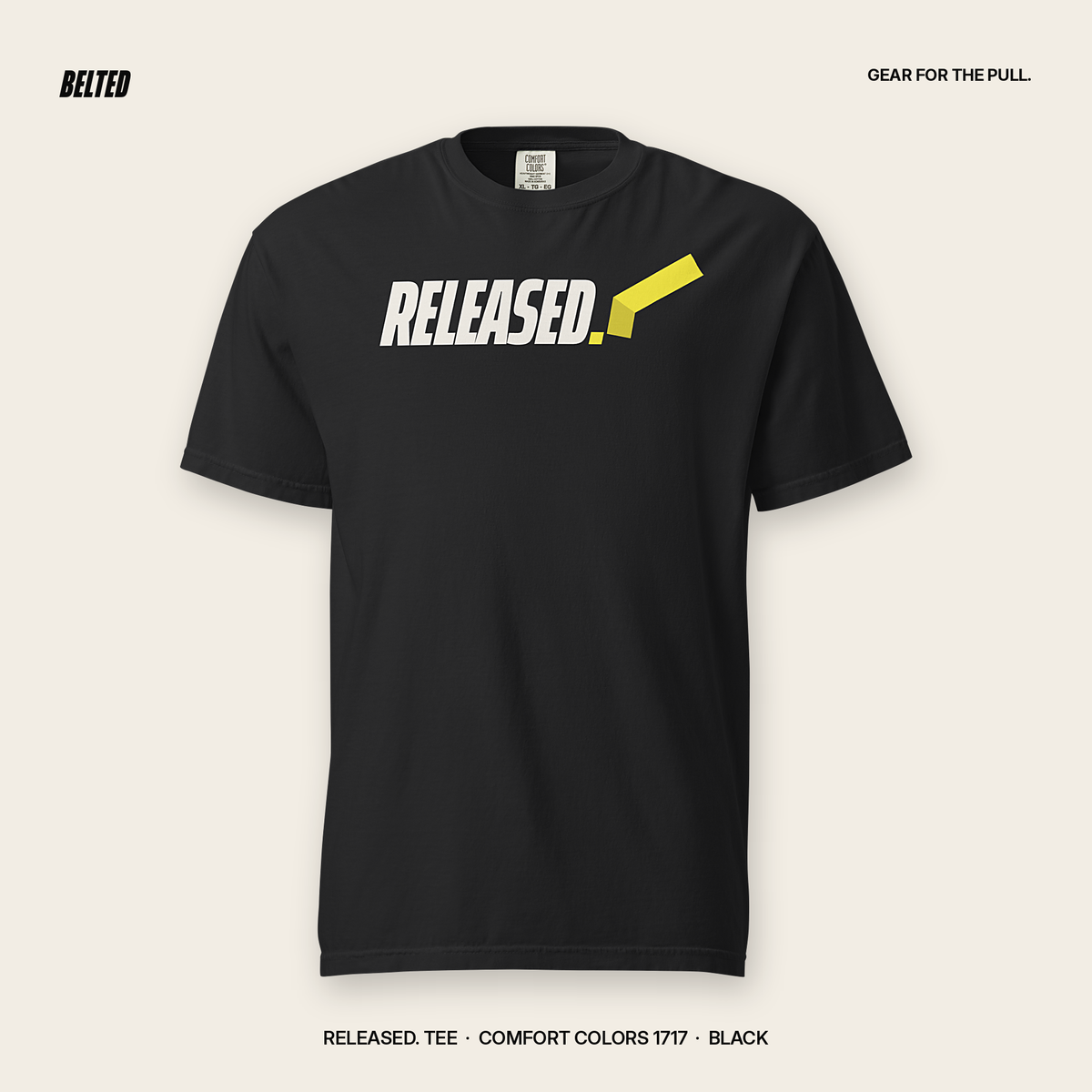 Released Flag Tee in black, front view: RELEASED. in Ivory italic caps with a yellow flag folding off the period