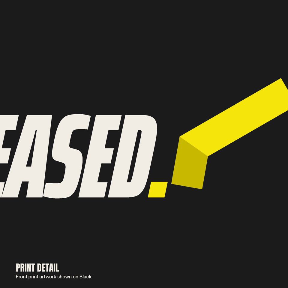 Print detail, Released Flag Tee in black: Ivory italic EASED with a yellow period and a yellow flag folding up from it