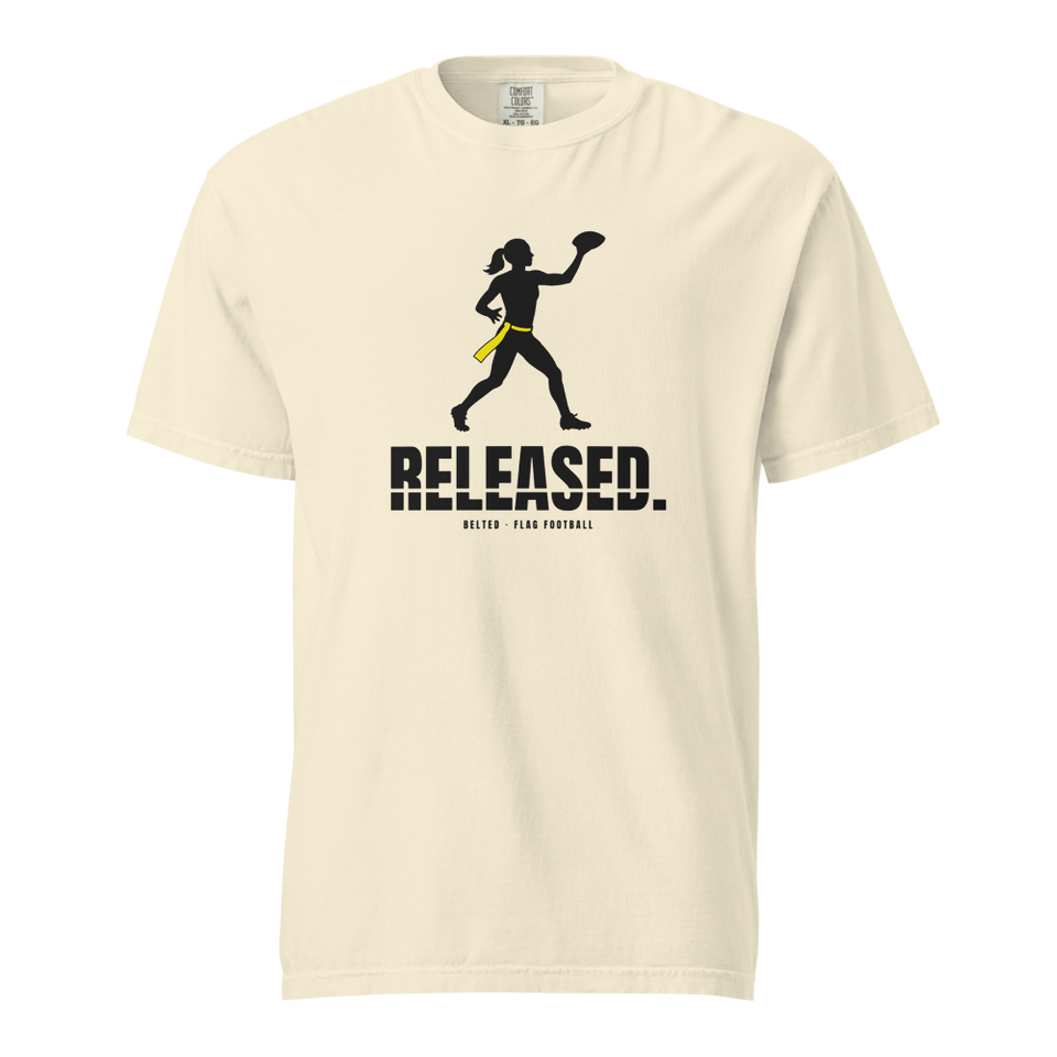 Released Tee in Ivory, front view: black quarterback silhouette with yellow belt above RELEASED. and Belted Flag Football