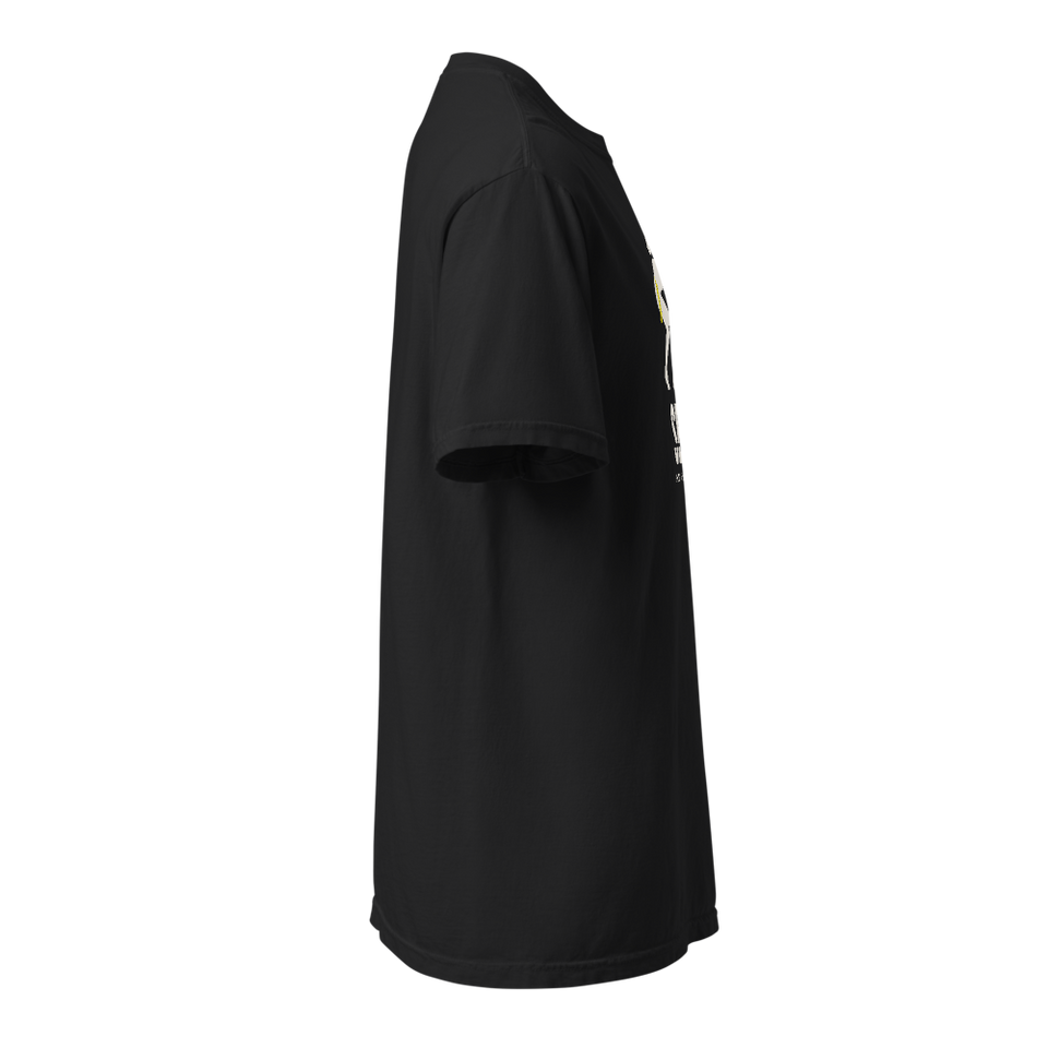 Black Set Tee, right side view, short sleeve; edge of the chest print is visible