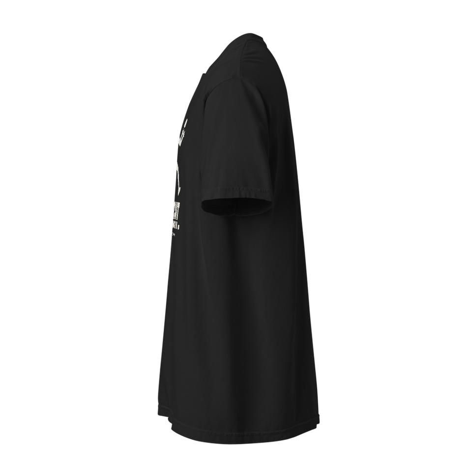 Caught Tee in black, left side view, short sleeve; print edge barely visible at the chest