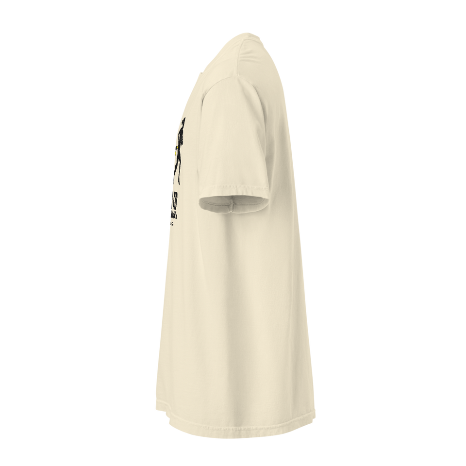 Ivory Pulled Tee, left side view showing short sleeve and edge of the front print