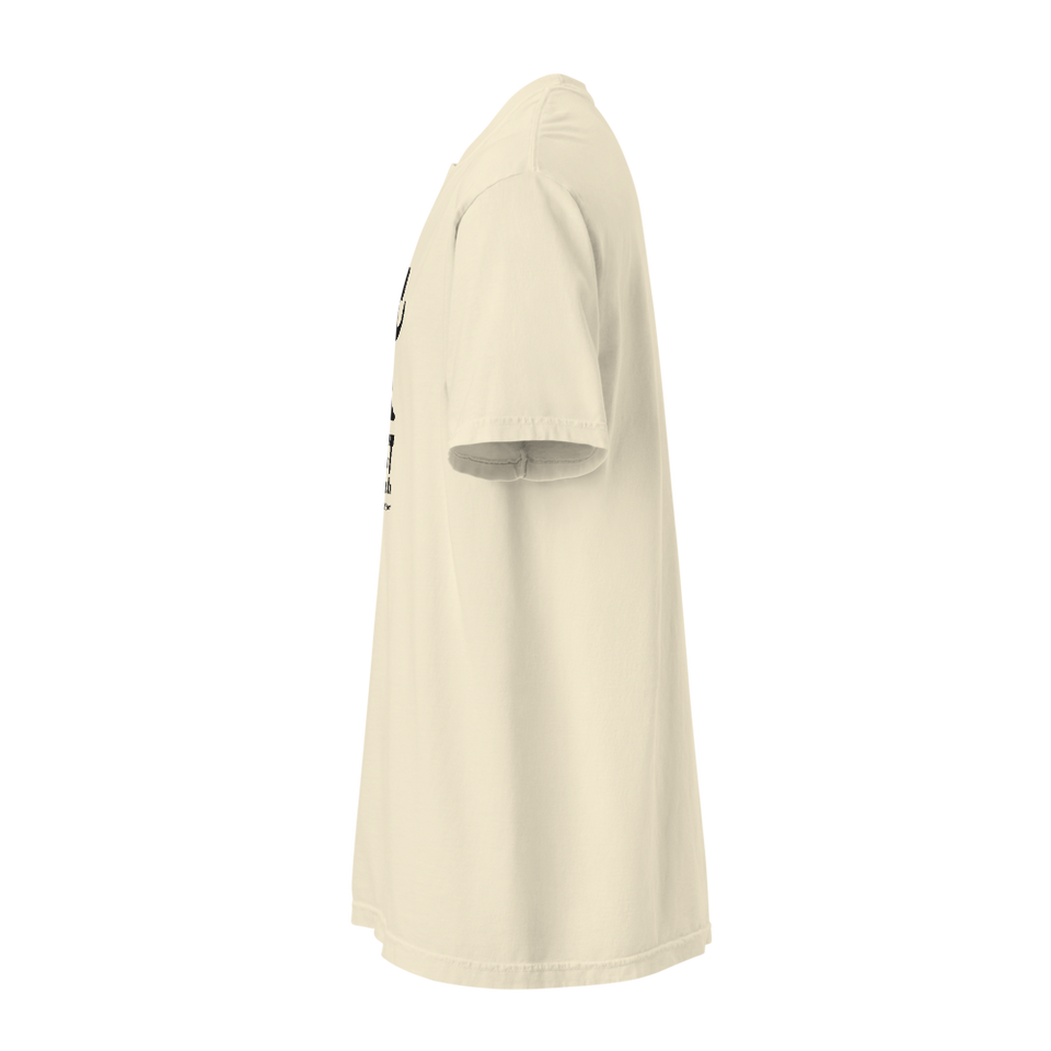 Ivory Set Tee, left side view, short sleeve; edge of the chest print is visible