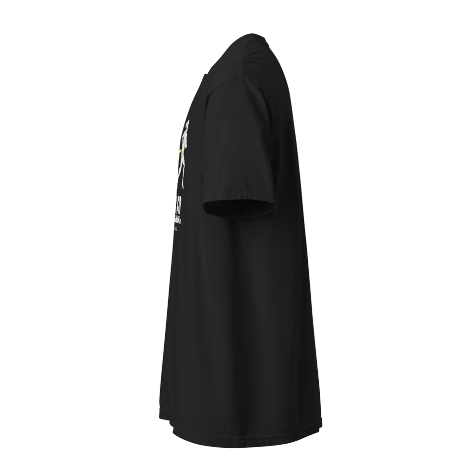 Black Pulled Tee, left side view showing short sleeve and edge of the front print