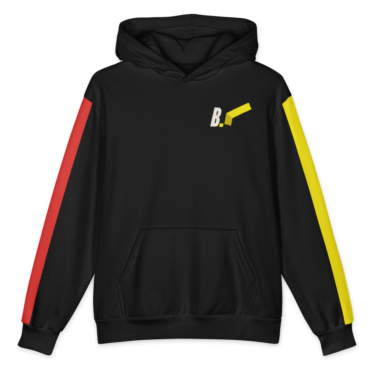 Pulled Flag Hoodie, black, front. Small Ivory B. with yellow folded flag at left chest, red and yellow sleeve stripes.