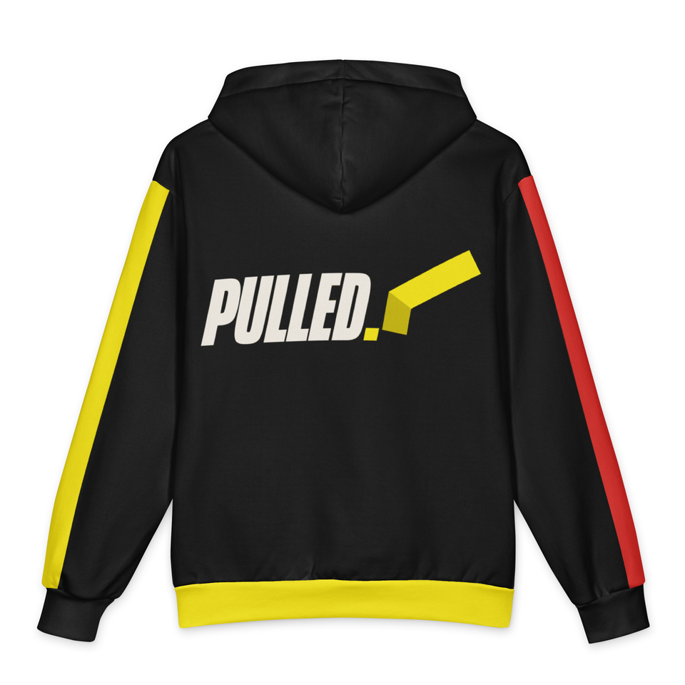 Pulled Flag Hoodie, black, back: Ivory PULLED. with yellow folded flag on the upper back, yellow hem band, sleeve stripes