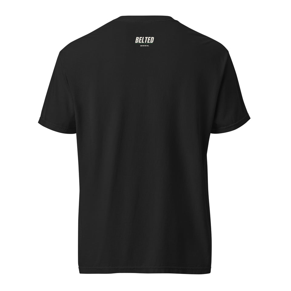 Belt Logo Tee, black, back: small Ivory BELTED wordmark with tagline below the collar
