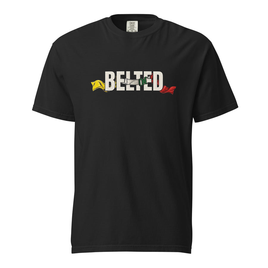 Belt Logo Tee, black, front: Ivory BELTED lettering with a belt through it, yellow flag left, red flag right