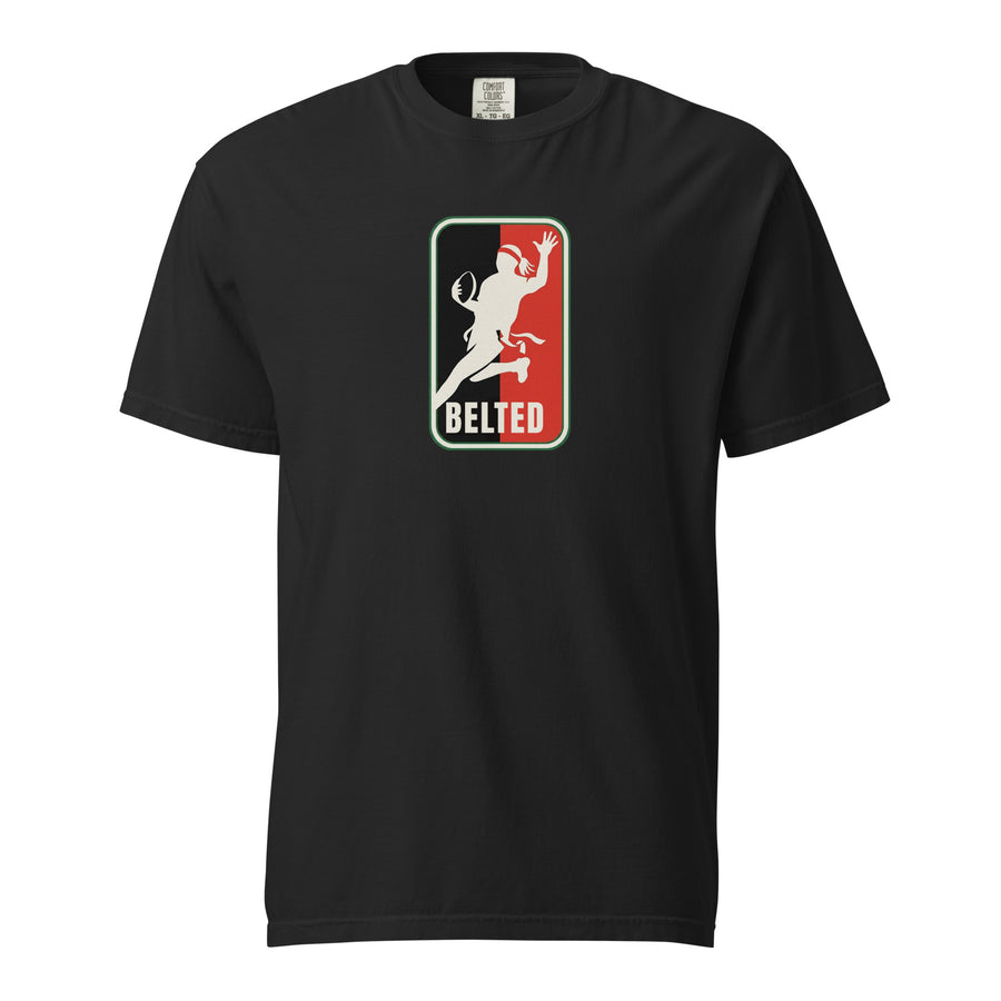 Badge Tee, black, front: rounded badge, off-white flag football player leaping to catch over black and red, BELTED beneath