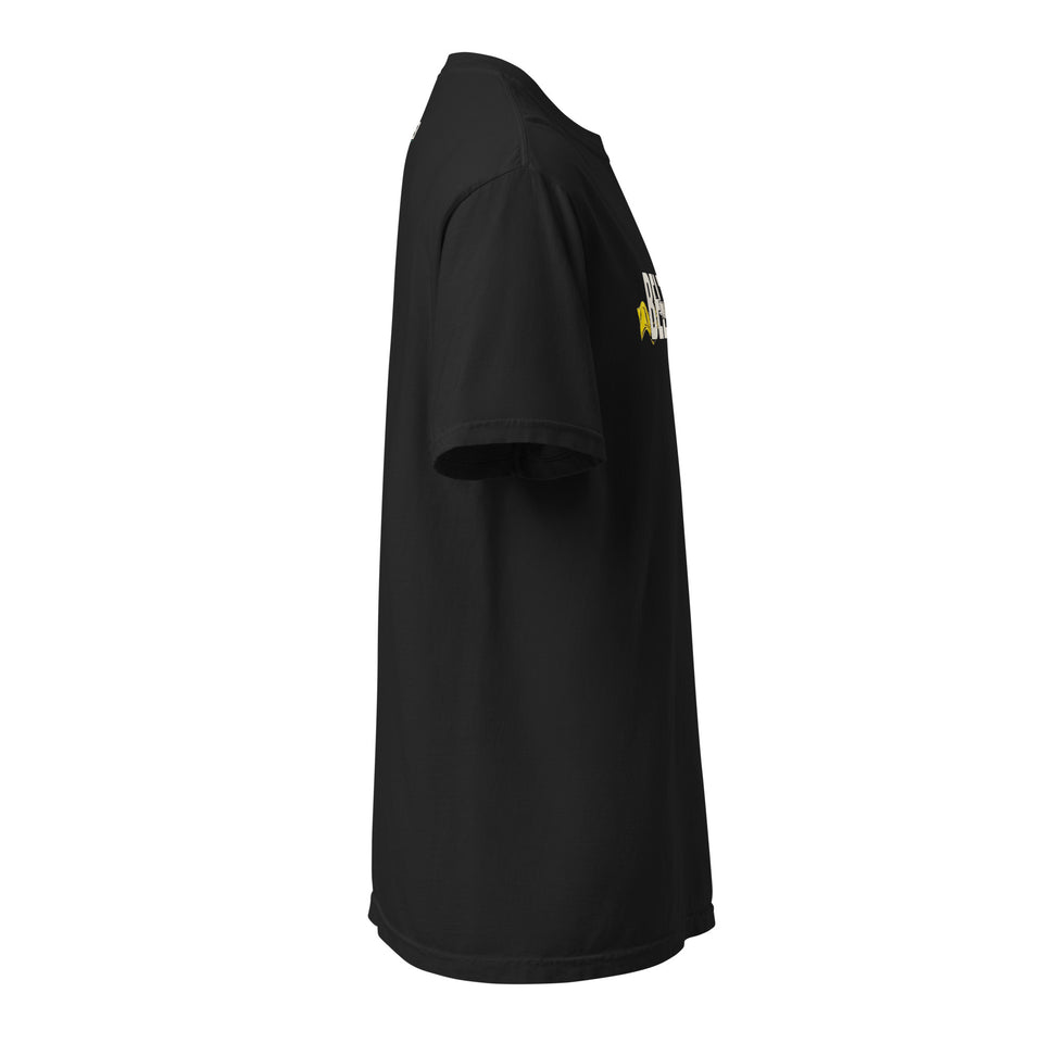 Belt Logo Tee, black, right side view: short sleeve in profile, edge of front design visible in yellow and Ivory