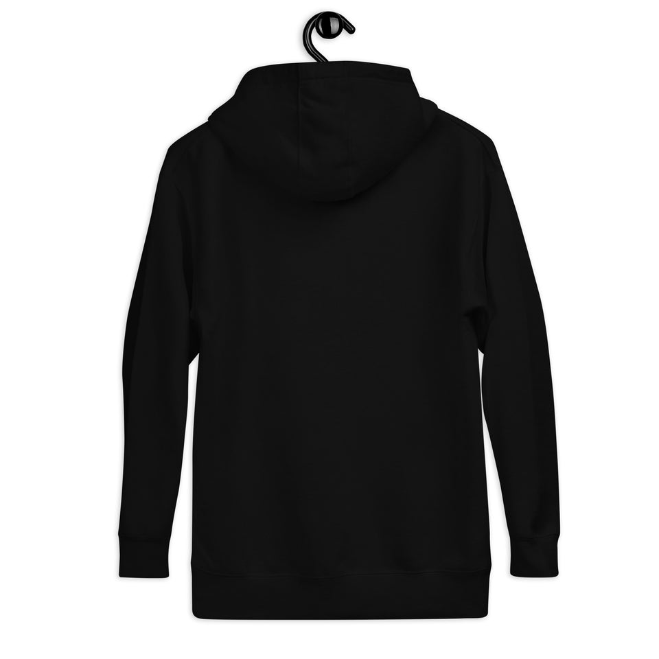 Belt Logo Hoodie, black, back view on a hanger, plain with no graphic