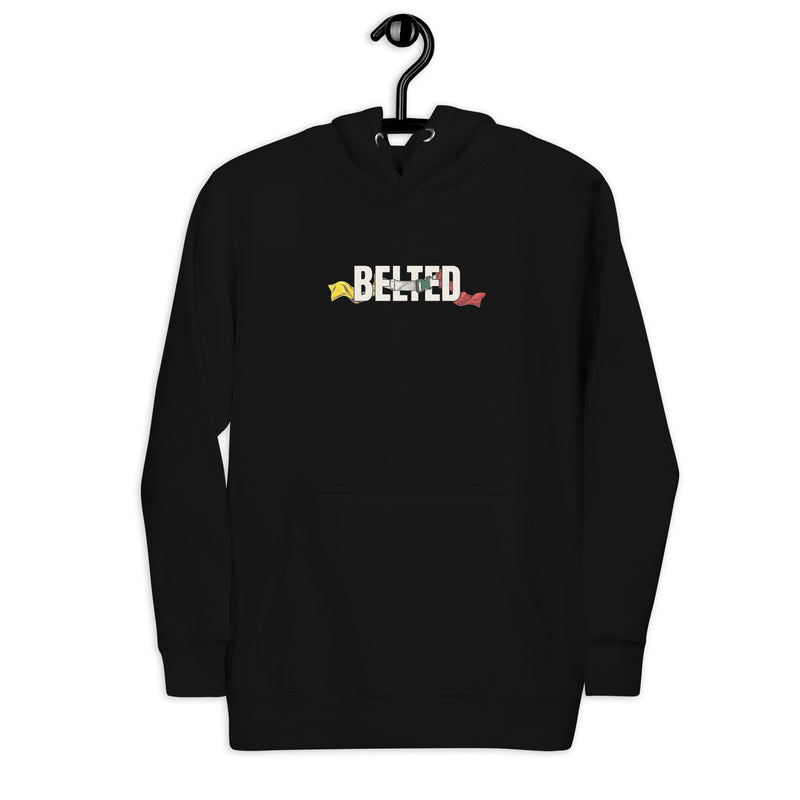 Belt Logo Hoodie, black, front on a hanger: BELTED in Ivory block letters with a yellow flag left, red flag right