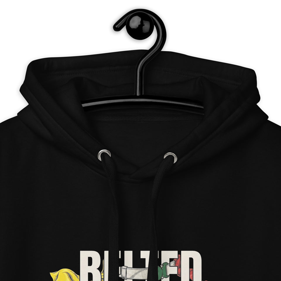 Belt Logo Hoodie, black, close-up of hood and drawstrings with the top of the BELTED logo and yellow and red flags below